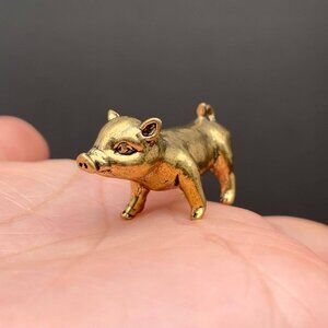 Brass Piglet Figurine Miniature Luck Totem Altar Decor Spirit Animal 1970s Style